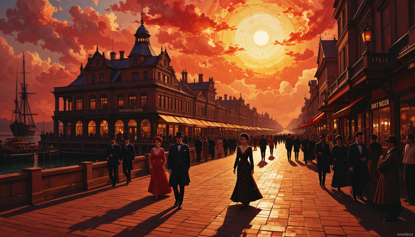 Victorian seaport bathed in red and gold sunlight