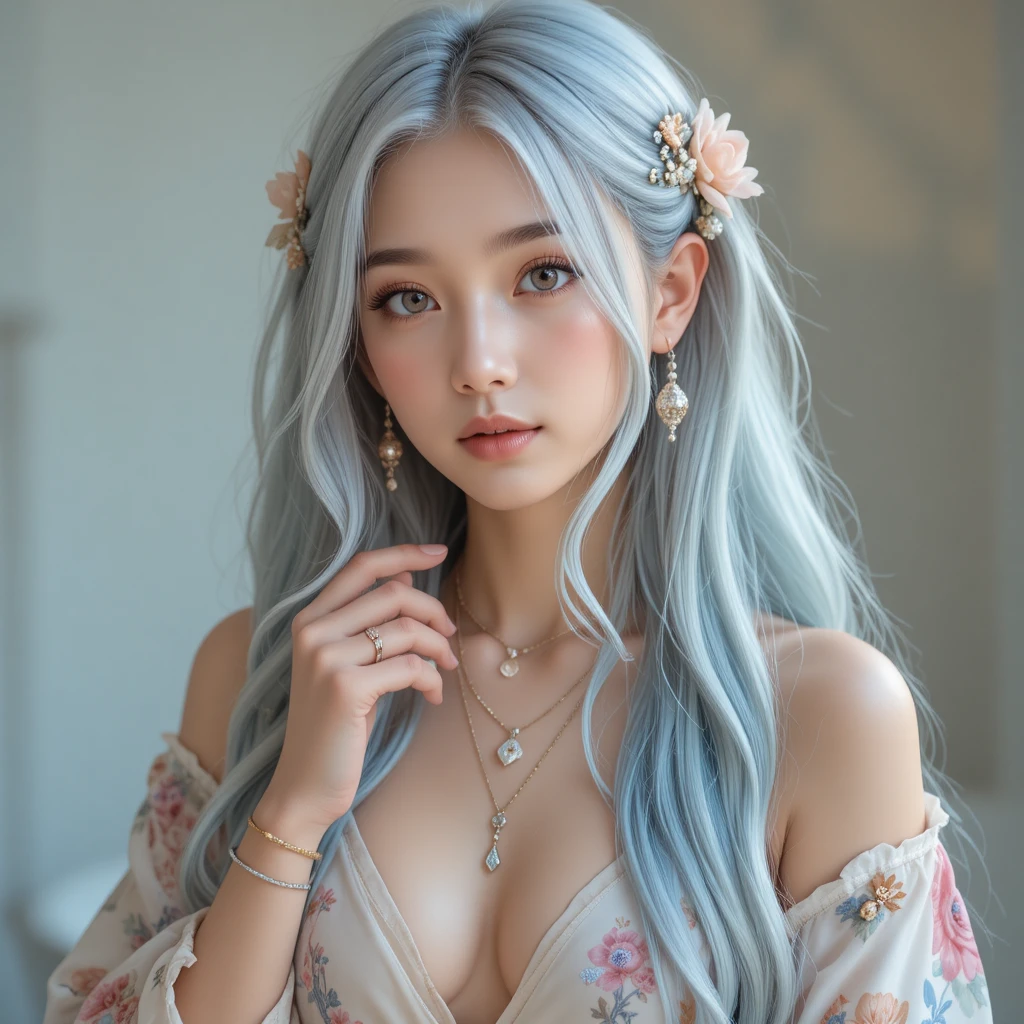 Giovane donna in kimono floreale con capelli blu argento