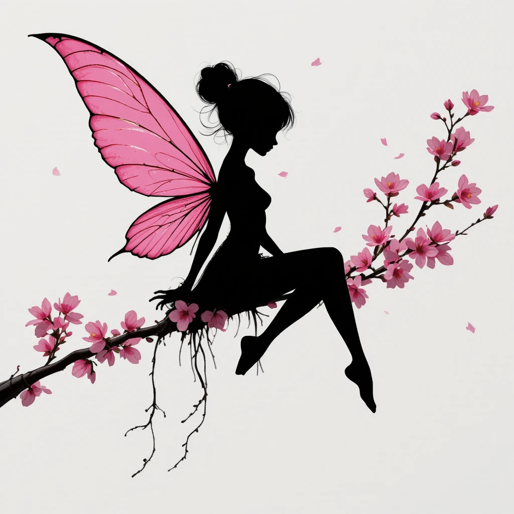 Silhouette minimaliste de fée aux ailes de fleurs de cerisier roses
