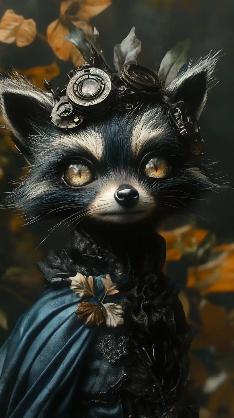 Surreal raccoon figure in a dark enchanted forest