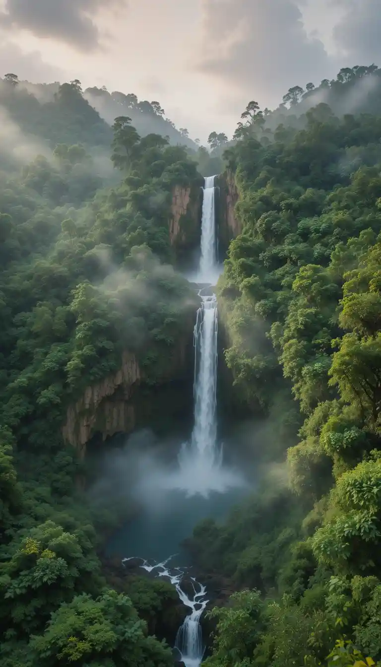 Majestuosa cascada tropical que cae en una poza brumosa de la selva
