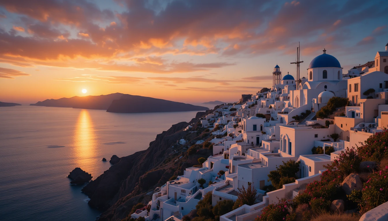 Romantic Santorini sunset over whitewashed cliffside village