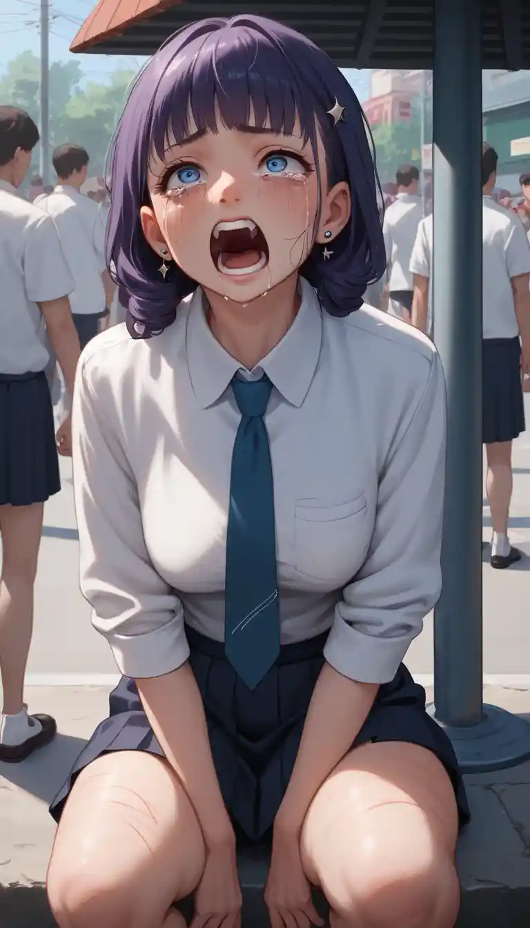Anime schoolgirl sitting alone on a church bench