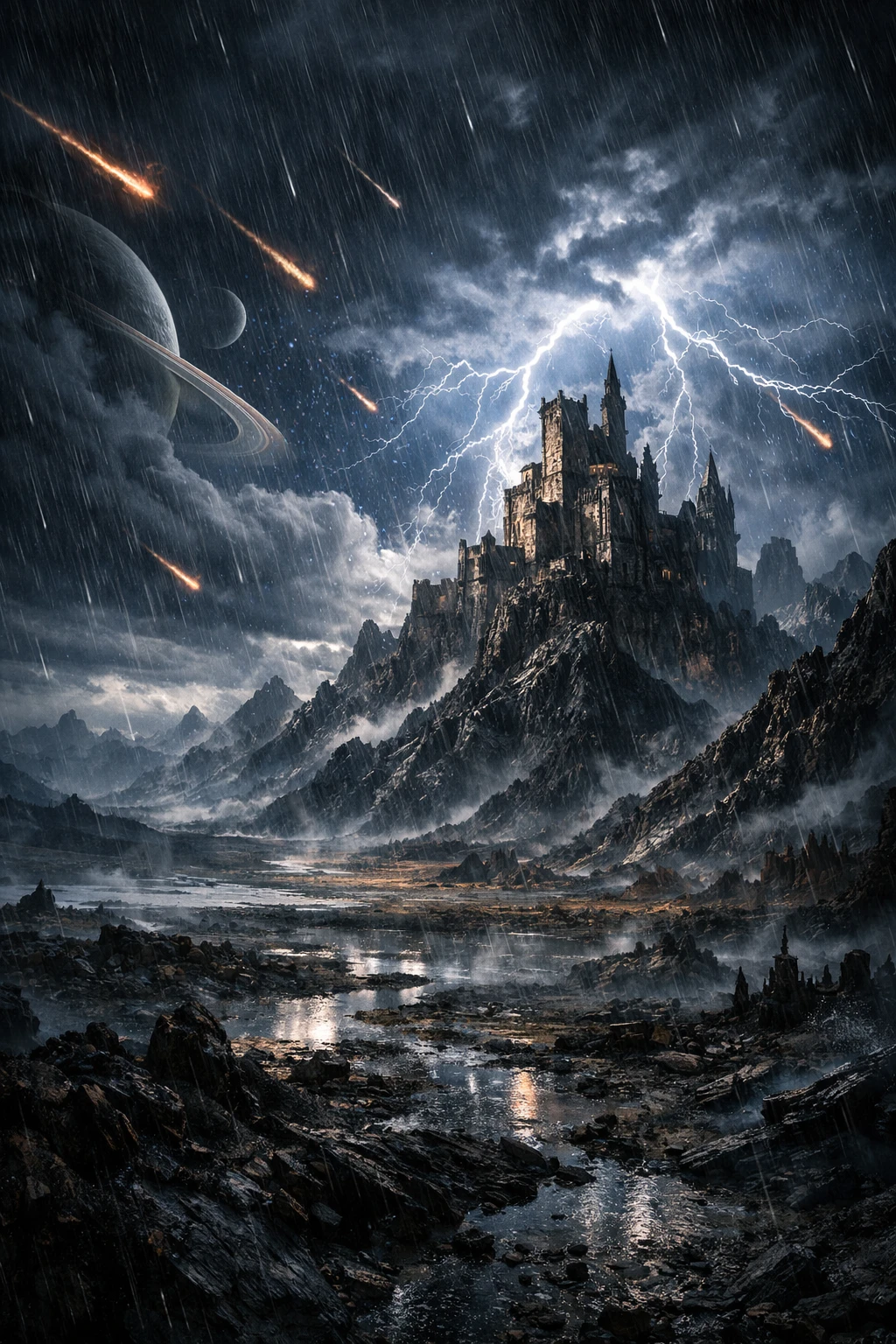 Alien castle looming over stormy dystopian mountainscape