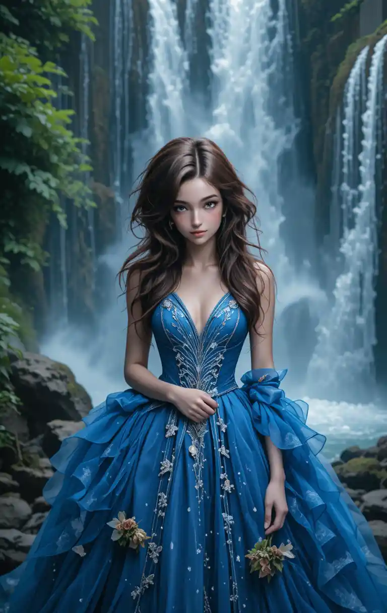 Young woman in blue dress before misty waterfall