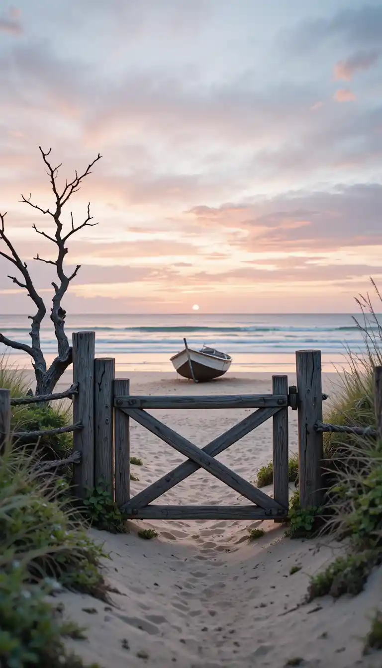 Weathered wooden gate leading onto a tranquil sunset beach
