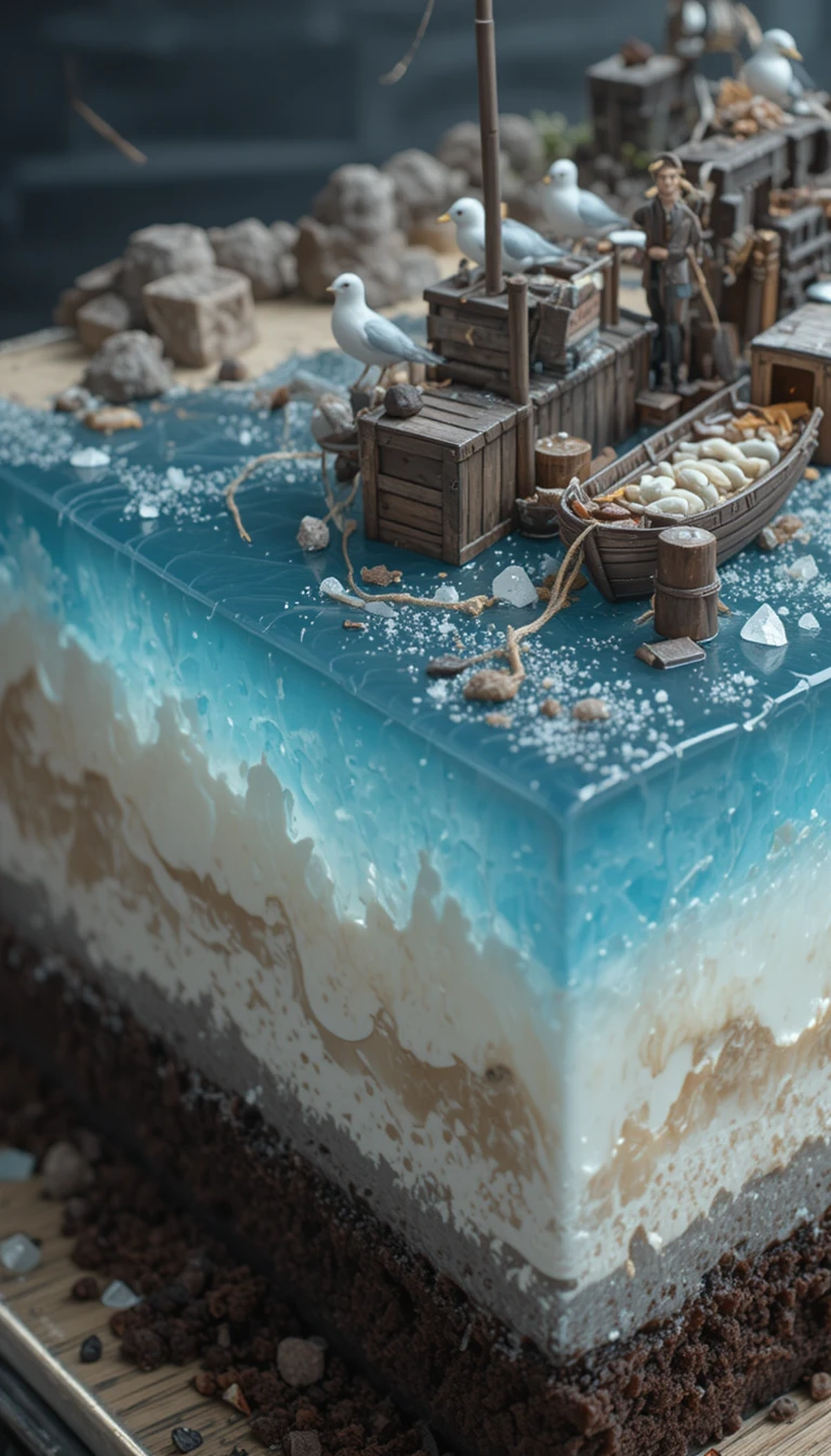 Geschichtete Schokoladen- und Wackelpudding-Torte mit winziger Angelsteg-Szene
