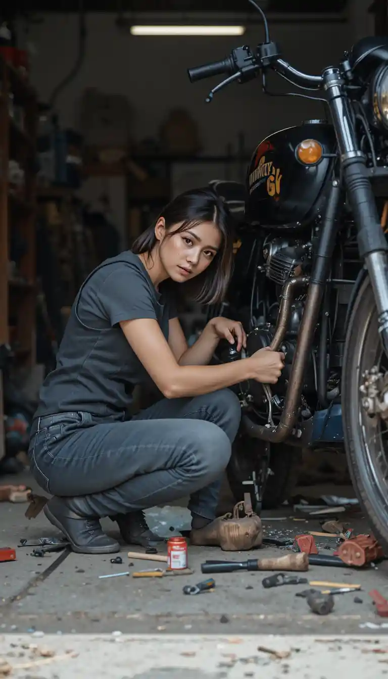 Joven reparando el motor de una moto en su garaje