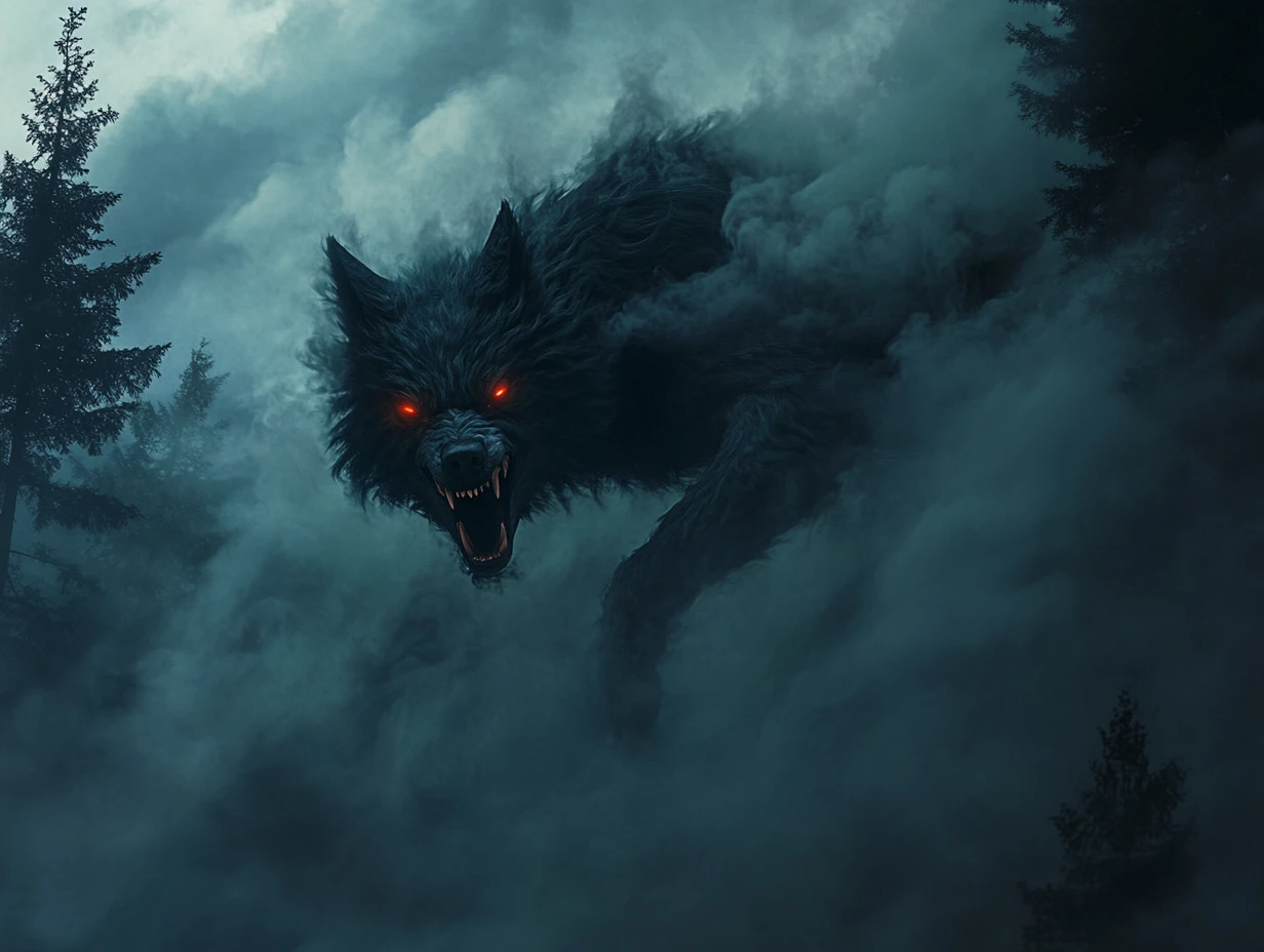 Rauchgeformter Wolf, der in einem nebligen mondbeschienenen Wald zuschlägt
