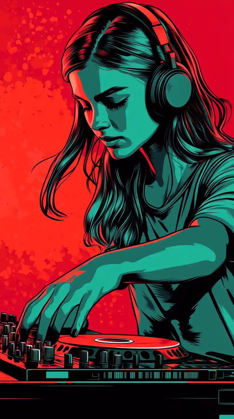 Young woman mixing music on a dj turntable in pop art
