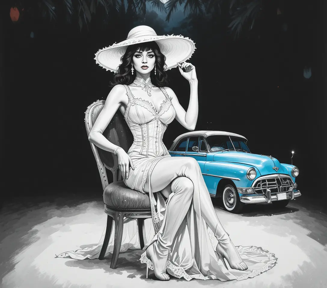 Elegante donna da cabaret con cilindro e corsetto su una sedia