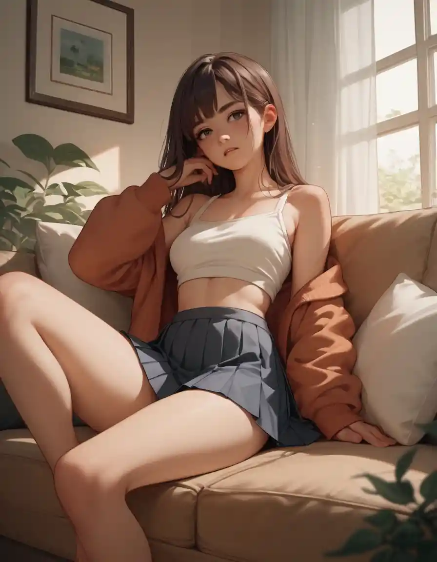 Anime girl sitting on a sofa in a cozy living room