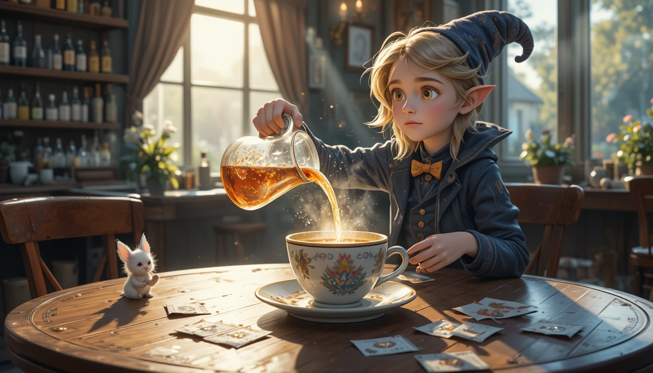 Whimsical alchemist pouring magic into coffee in a cozy cafe
