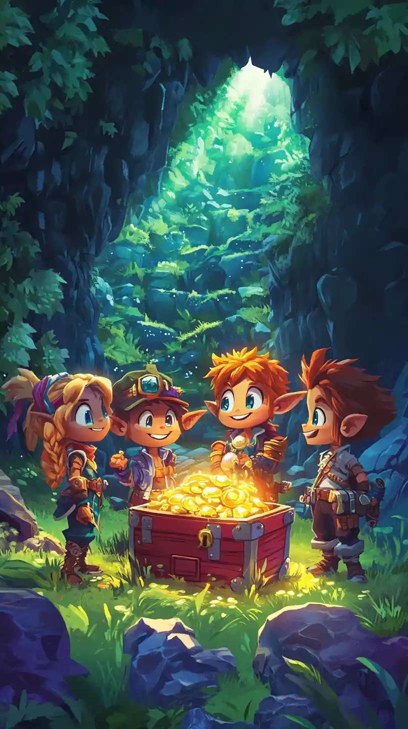 Cartoon adventurers gather around treasure chest by cave entrance