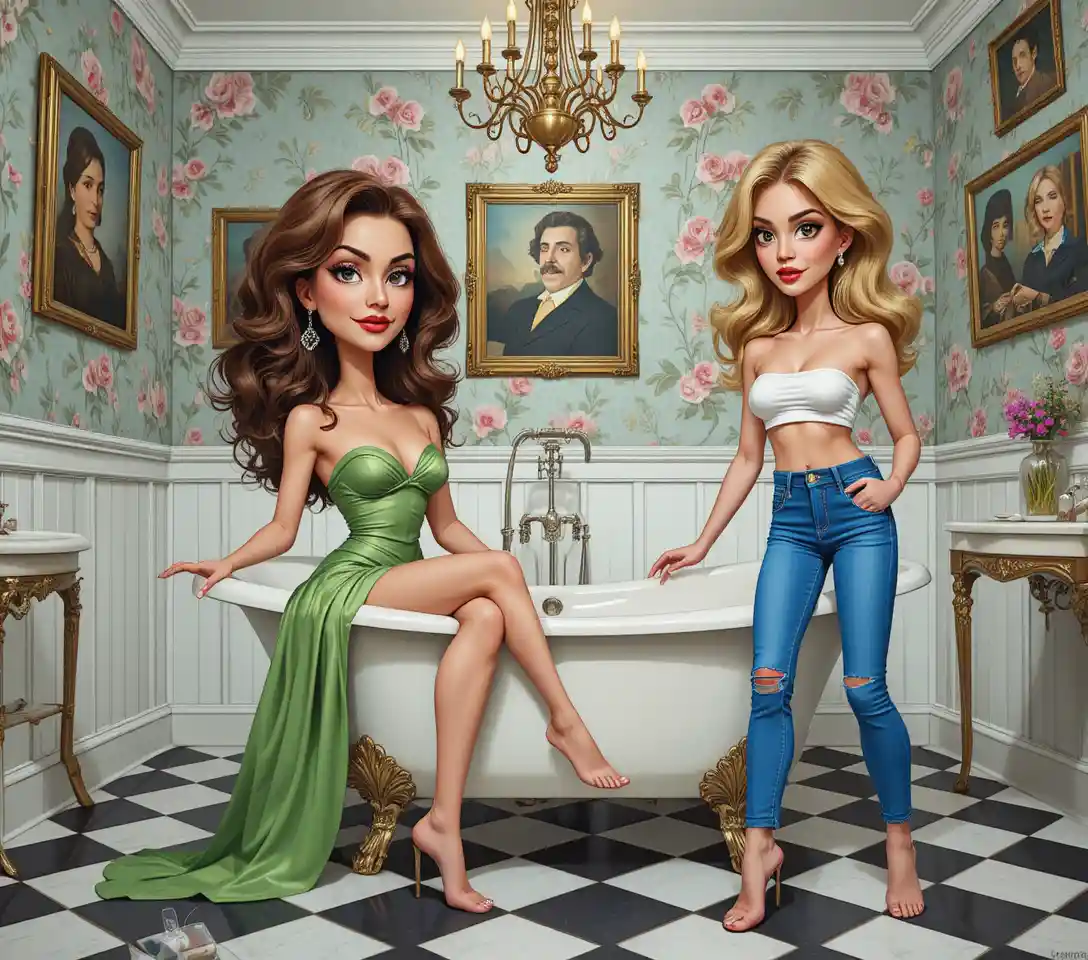 Two barefoot women relaxing in a luxurious floral bathroom