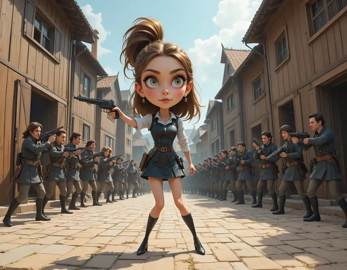 Young woman standing in a wooden military courtyard