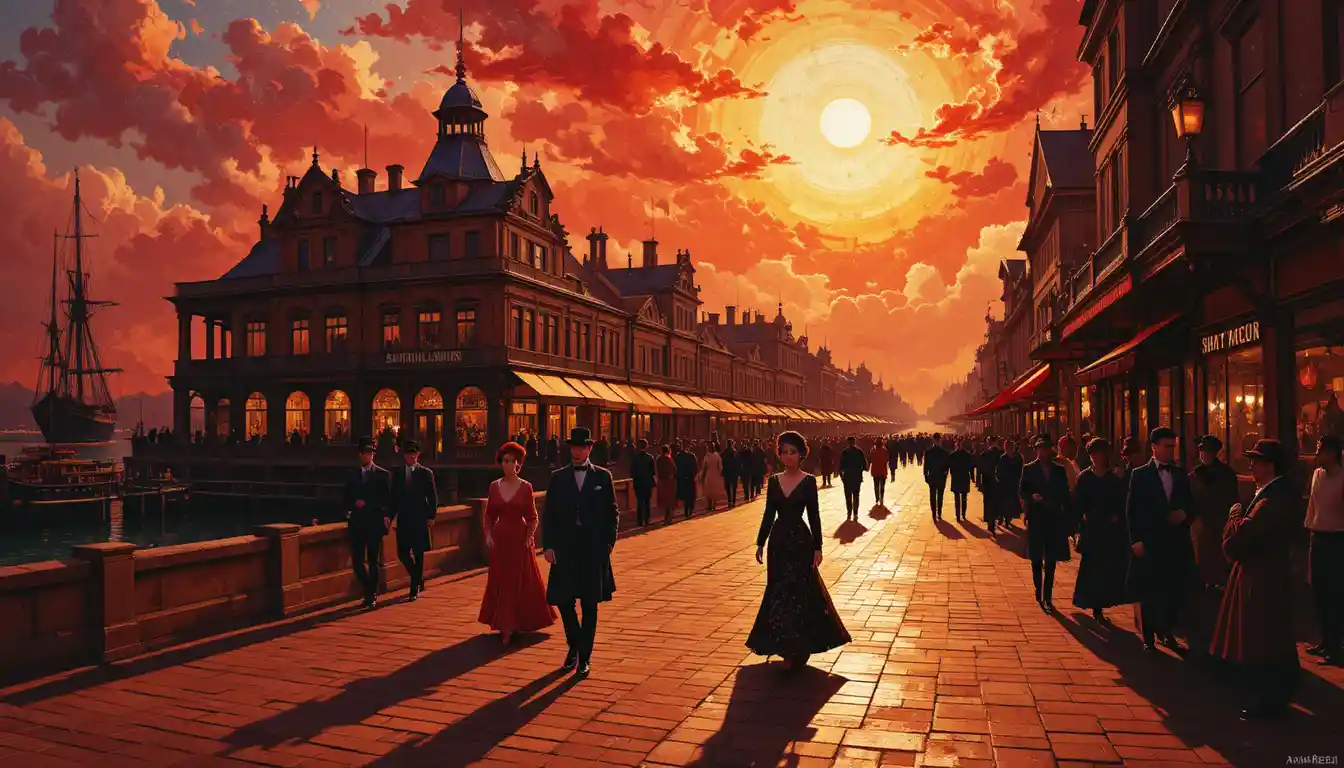 Victorian seaport bathed in red and gold sunlight