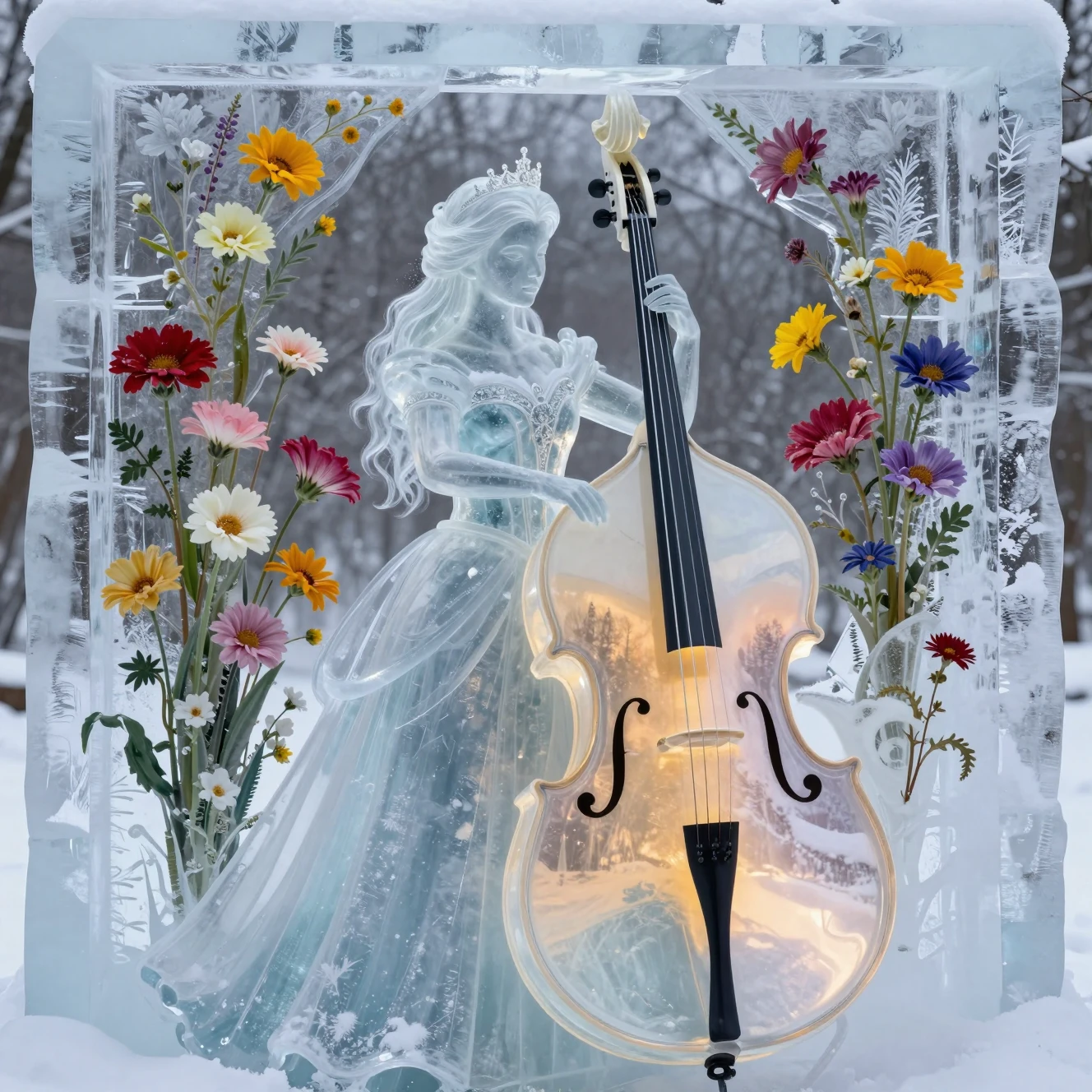 Princesa de hielo cristalino tocando un contrabajo de vidrio luminoso