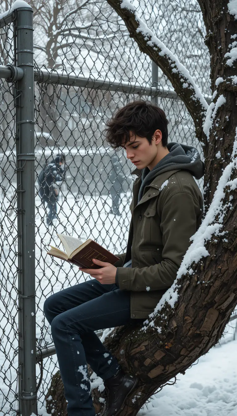 Boy reading alone in a tree beside winter school snowball fight