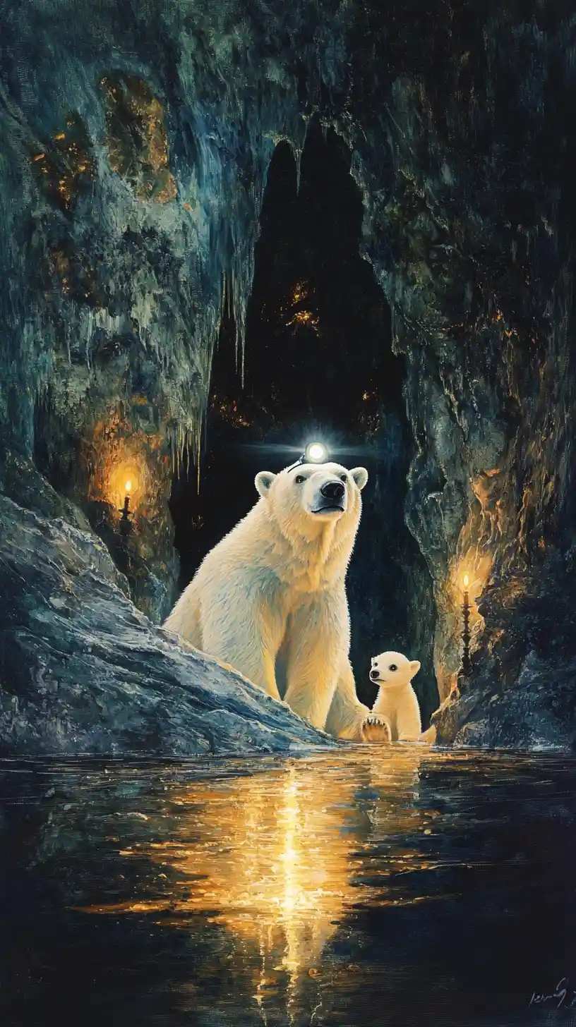 Joyful polar bear explorer in a glowing underground cave