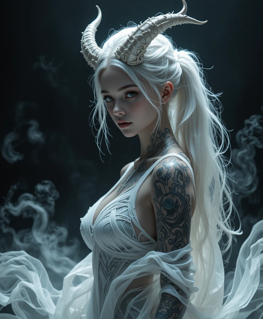 Horned white haired fantasy woman in swirling mist