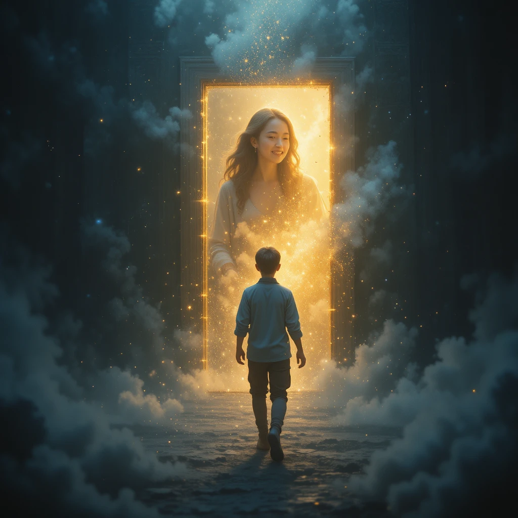 Niño caminando hacia una puerta luminosa en un espacio oscuro