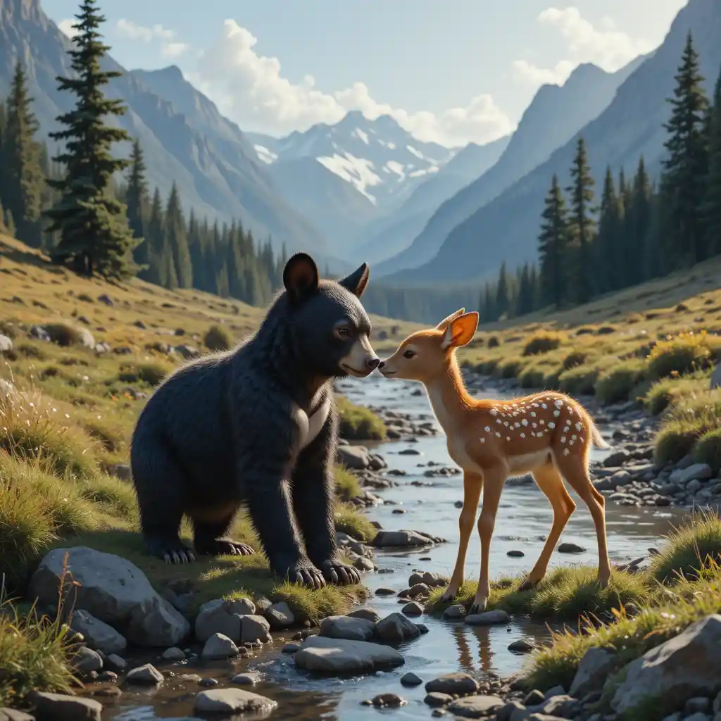 Baby bear cub and fawn touching noses by mountain stream