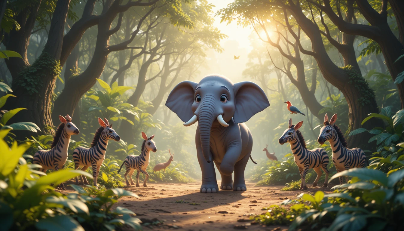 Elefante dançante em uma selva ensolarada com animais felizes