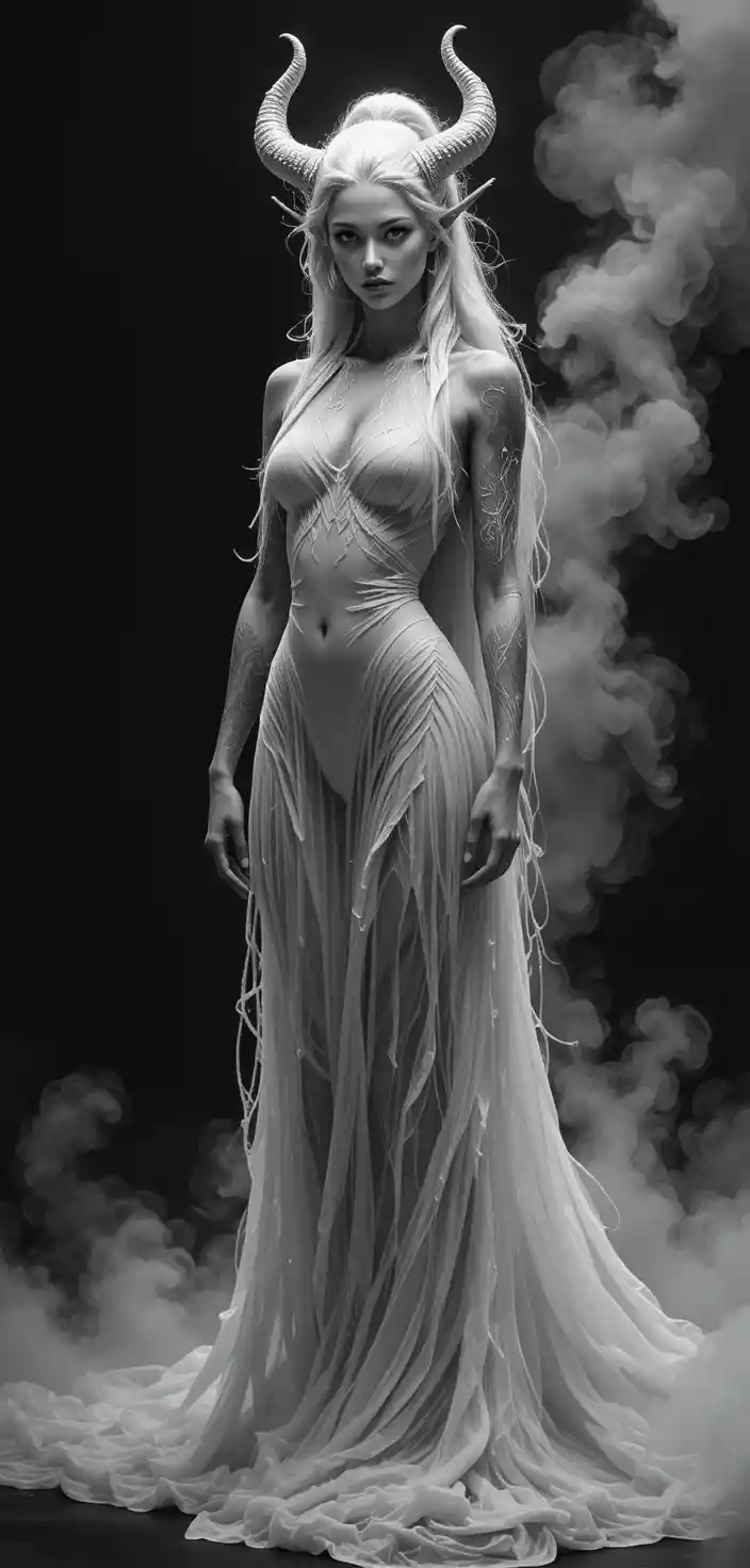 Horned ethereal woman with flowing hair in misty darkness