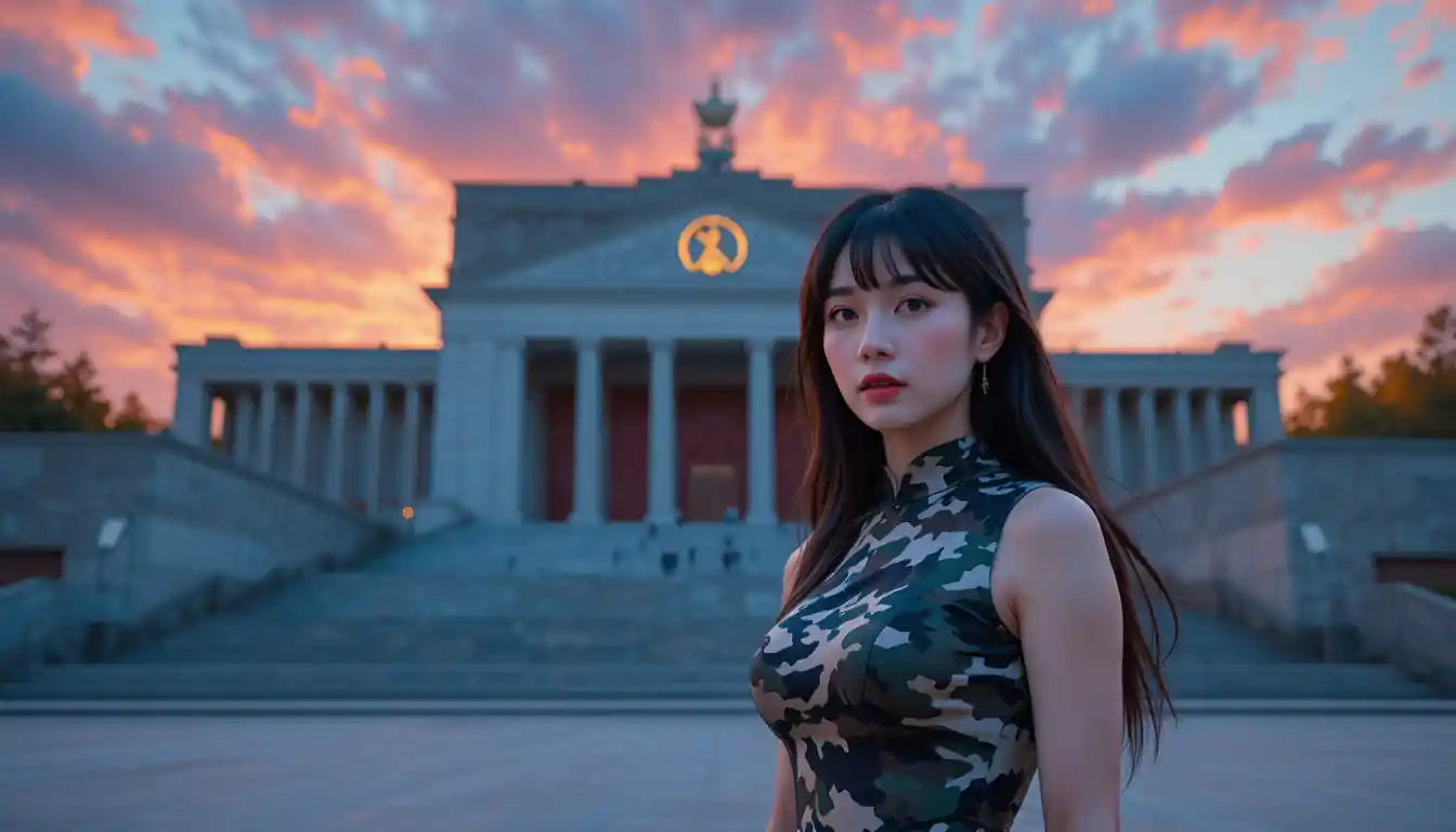 Mujer asiática con qipao junto a monumento brutalista al atardecer