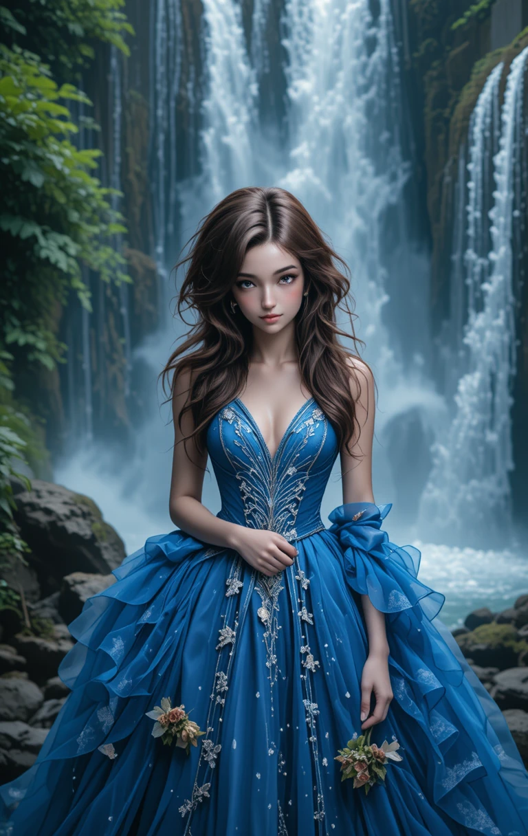 Young woman in blue dress before misty waterfall
