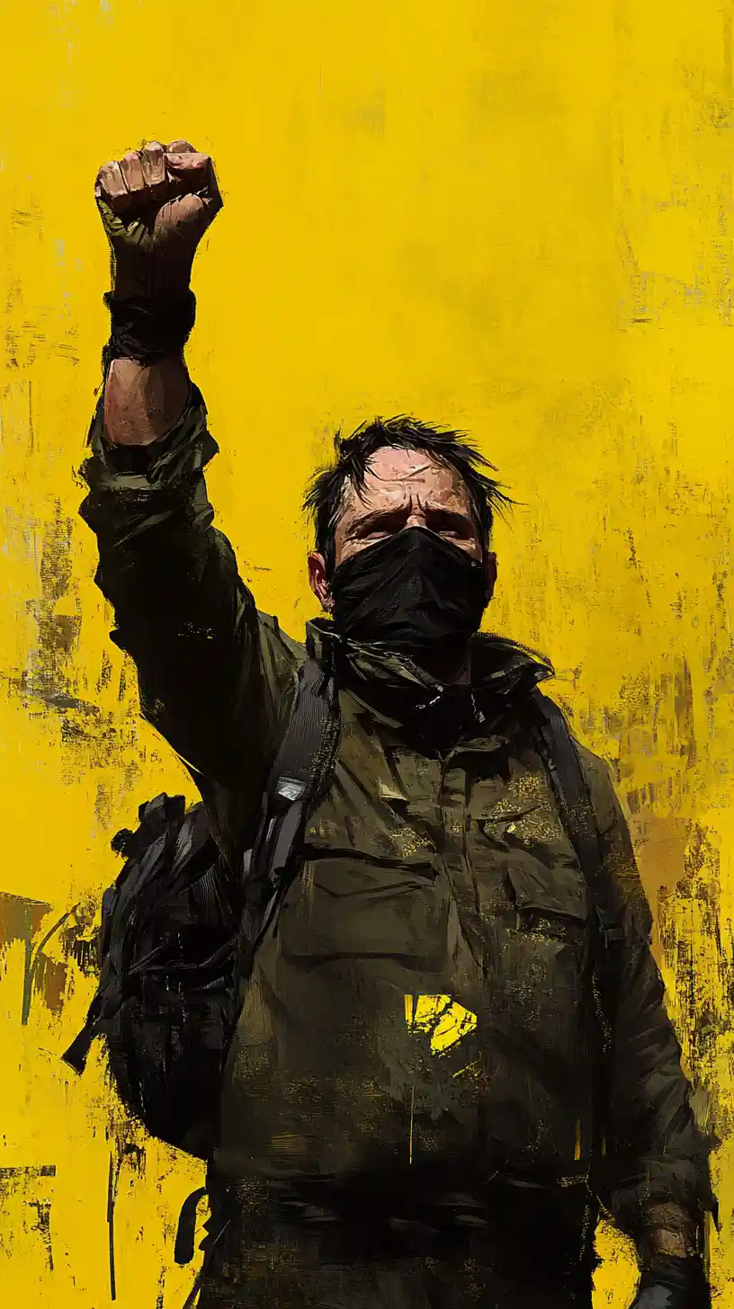 Masked man raising clenched fist against bold yellow backdrop