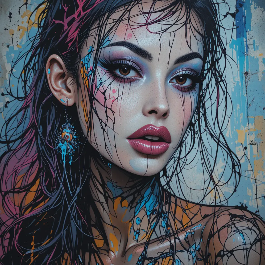 Graffiti style woman with bold marker lines on skin