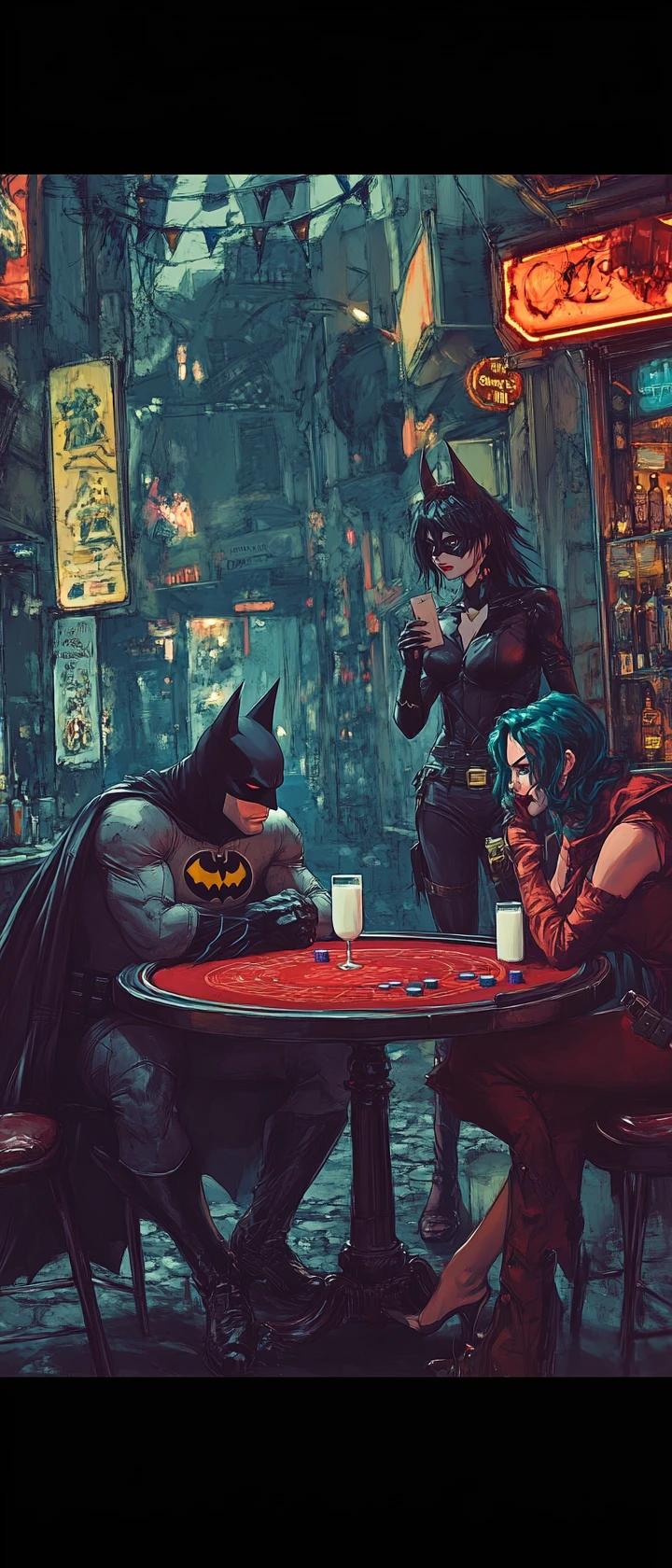 Anime style poker duel between masked hero and villain