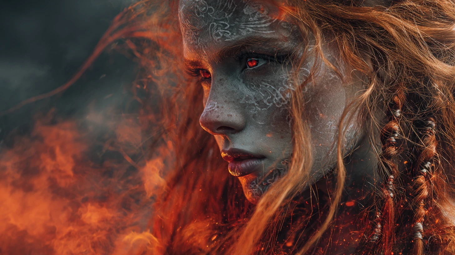 Mystical sorceress wreathed in fire and ethereal tattoos