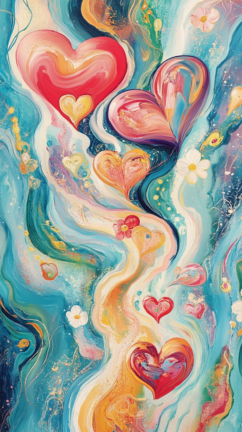 Colorful abstract hearts and flowers rising in flowing motion