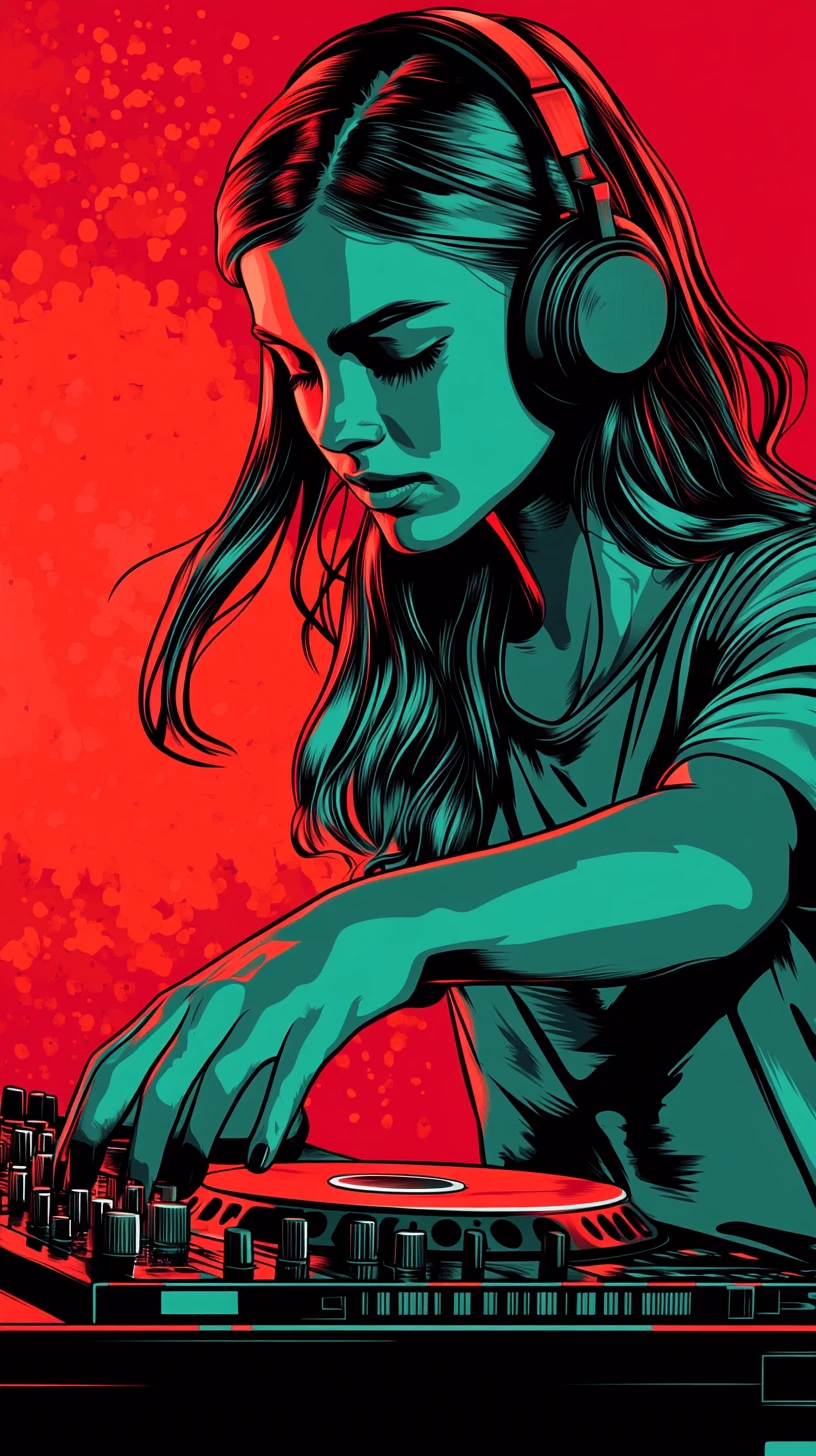 Young woman mixing music on a dj turntable in pop art