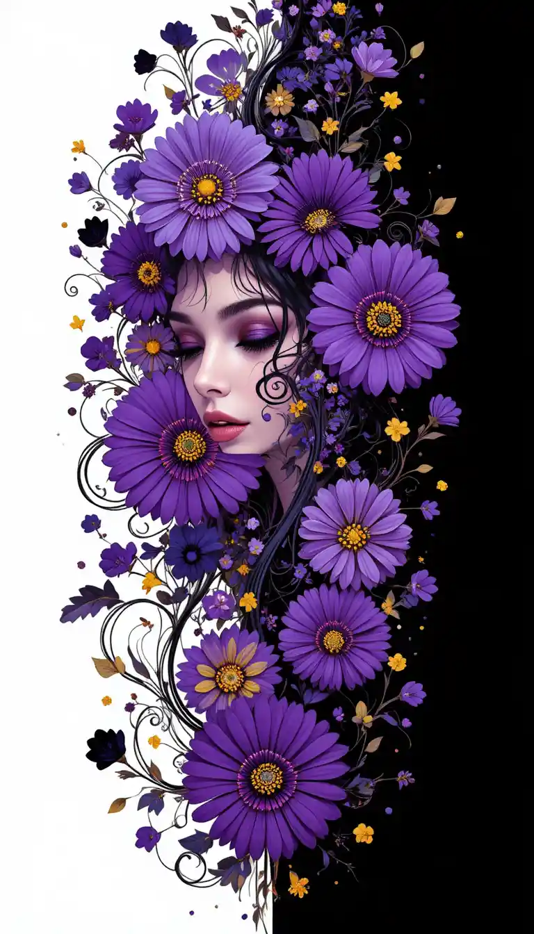 Illustrazione floreale di una donna con gerbere viola