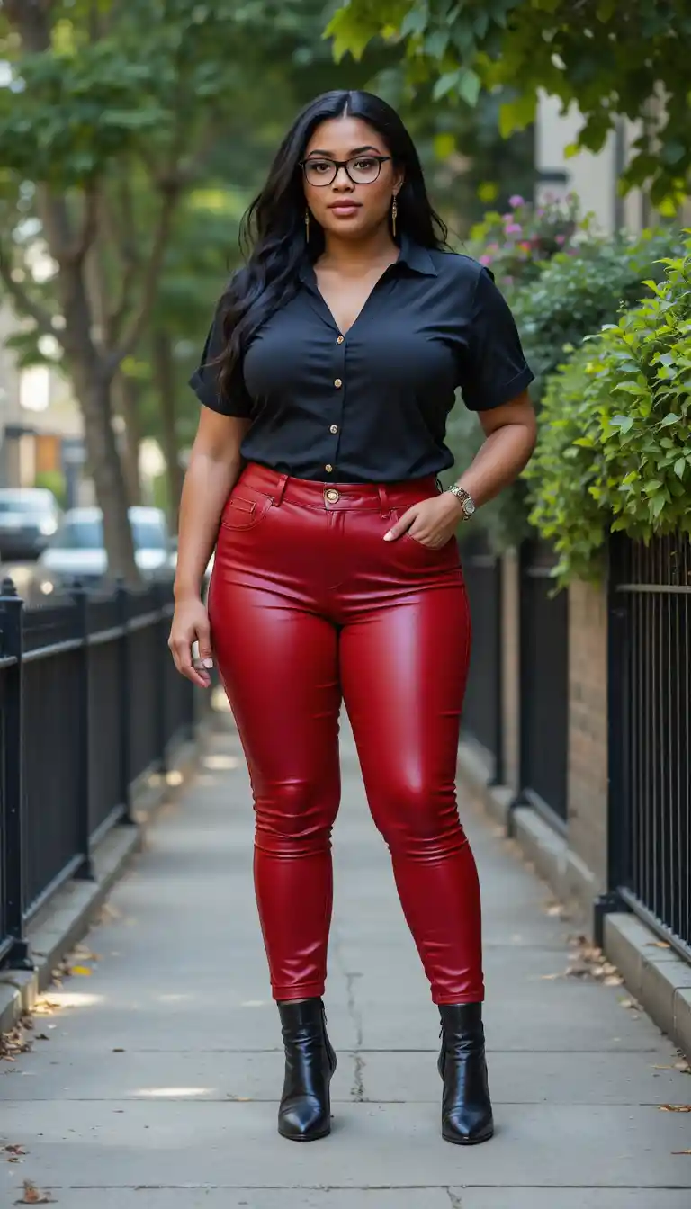 Curvy woman in red leather jeans on a quiet sidewalk