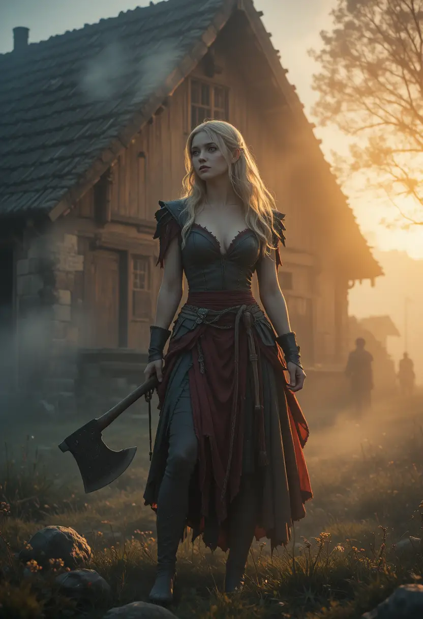 Blonde Kriegerin mit Axt vor einem Wikinger-Langhaus