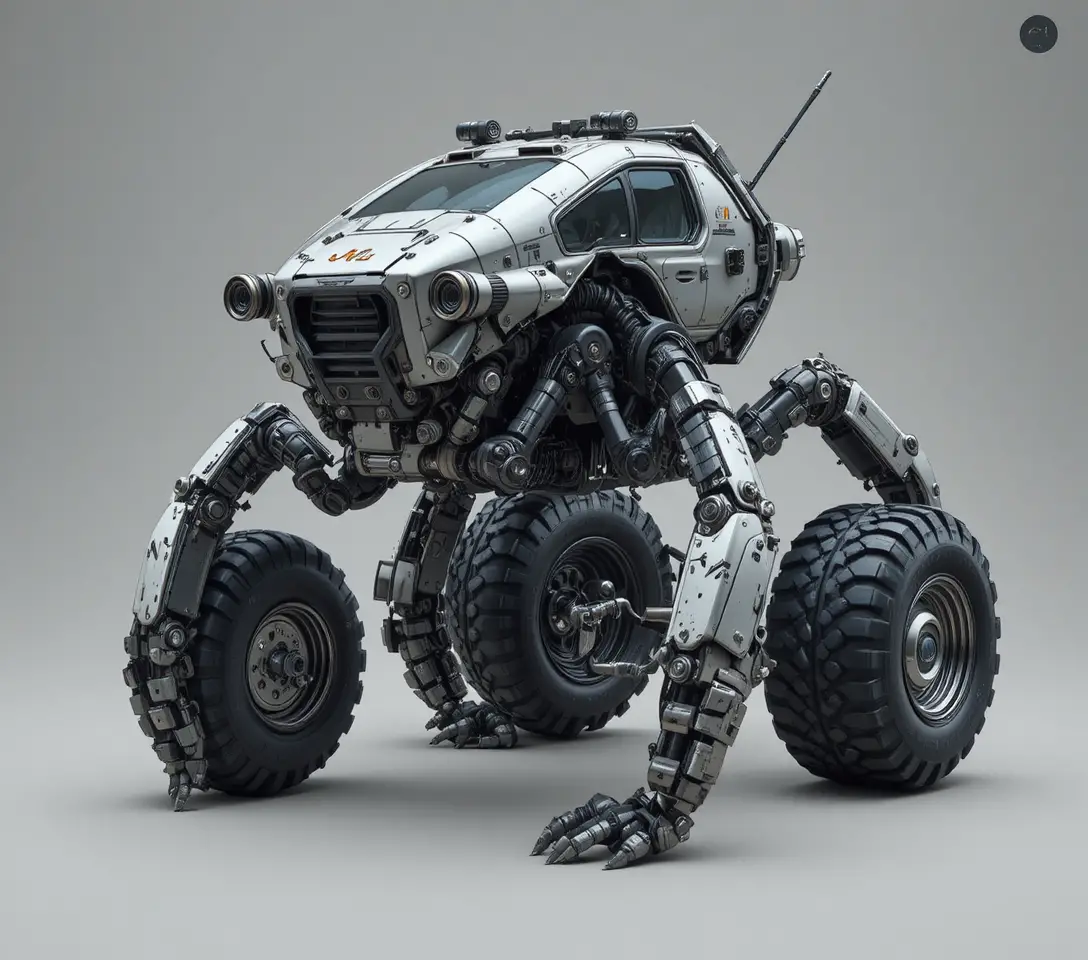 Vehículo robótico hexápodo futurista con ruedas todoterreno robustas