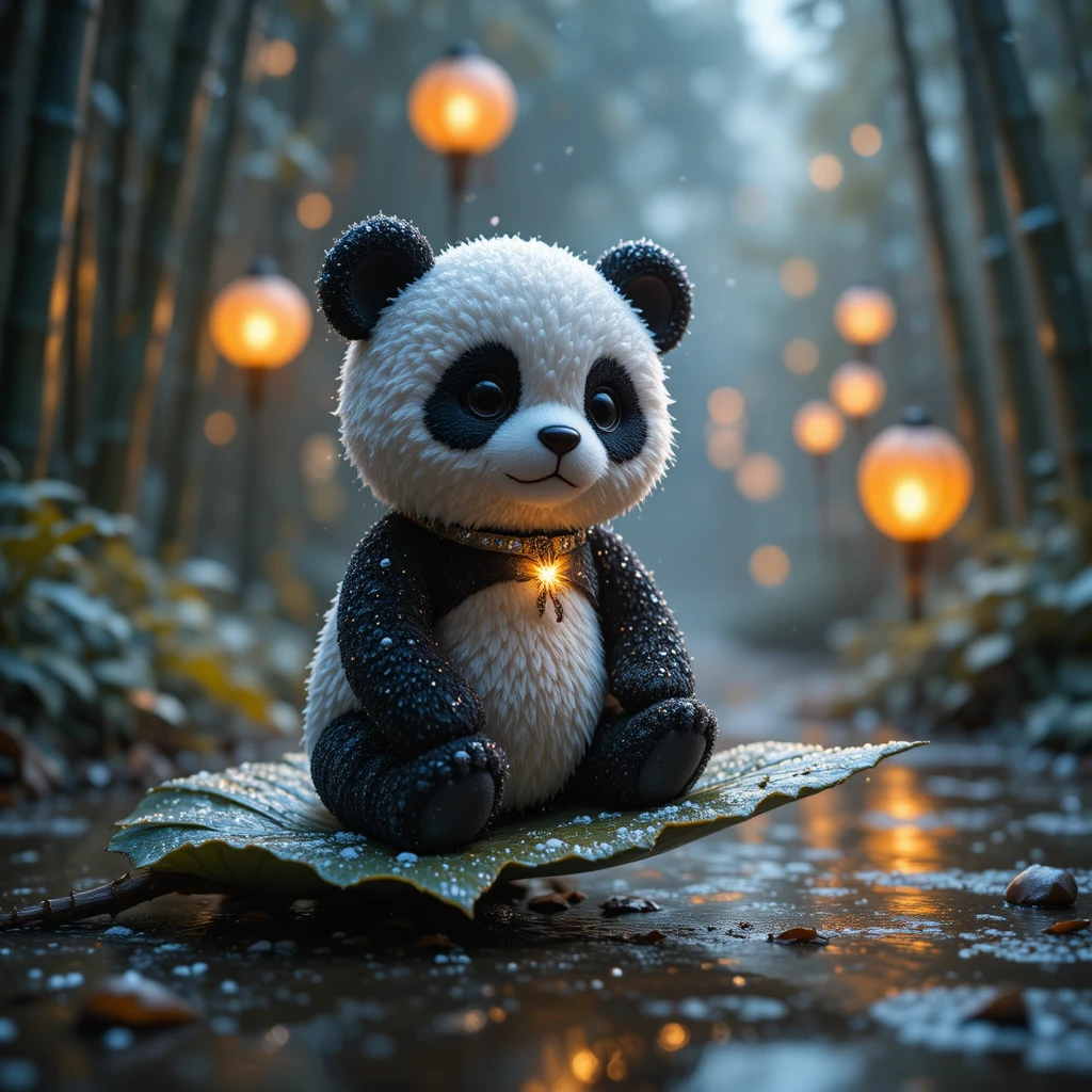 Tierno panda de peluche sobre una hoja mojada en un bosque invernal