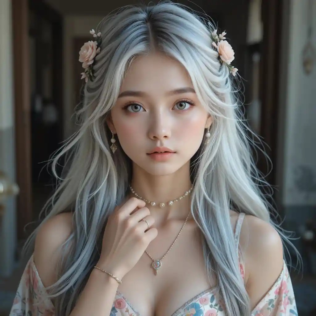 Silver haired girl in floral kimono gazing softly forward