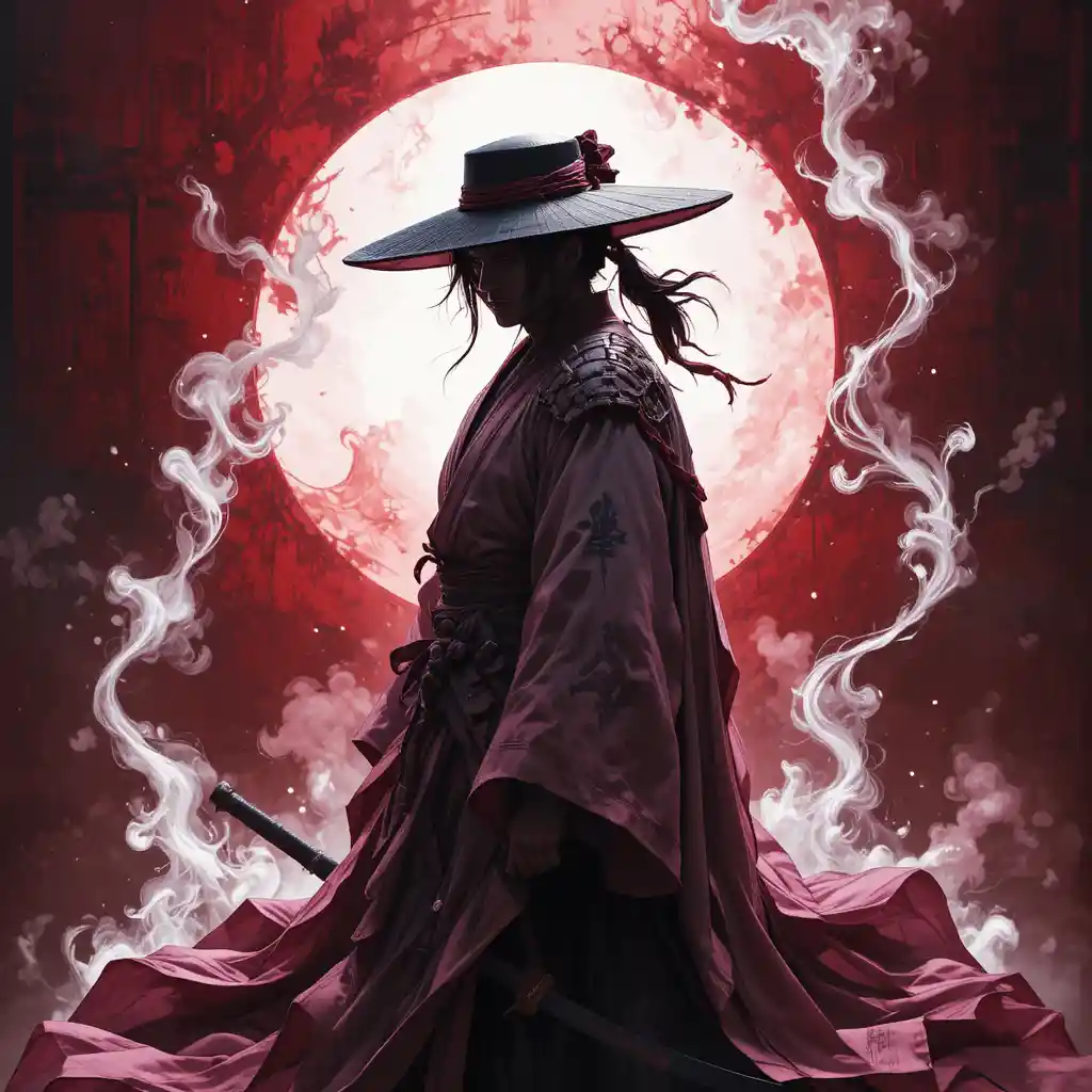 Ink painted samurai warrior in neon smoke silhouette