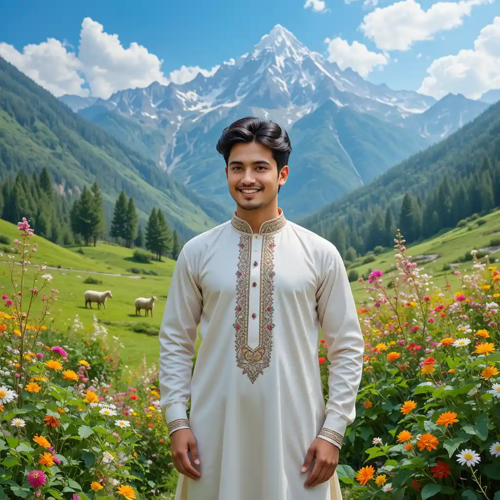Smiling Pakistani man in traditional dress in mountain meadow