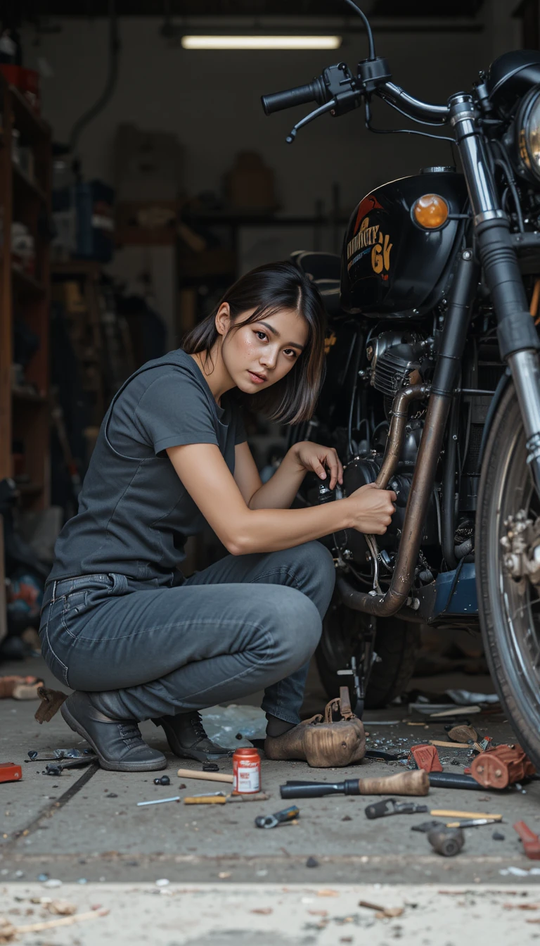 Joven reparando el motor de una moto en su garaje