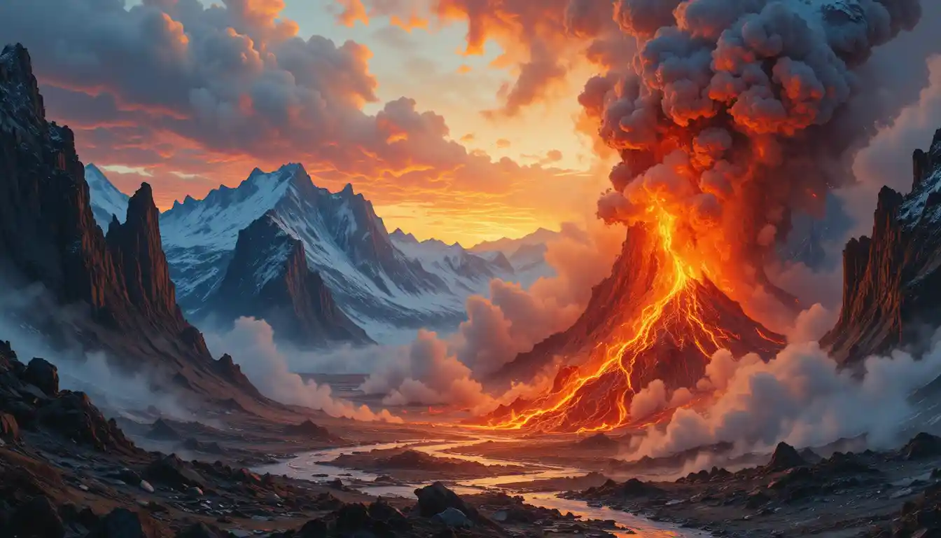 夕暮れのアイスランド断崖に噴き上がる燃える火山噴火