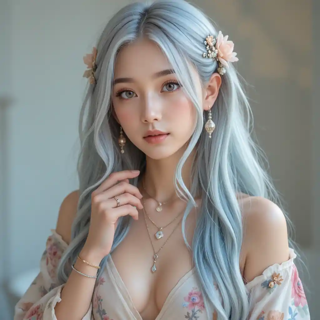 Giovane donna in kimono floreale con capelli blu argento