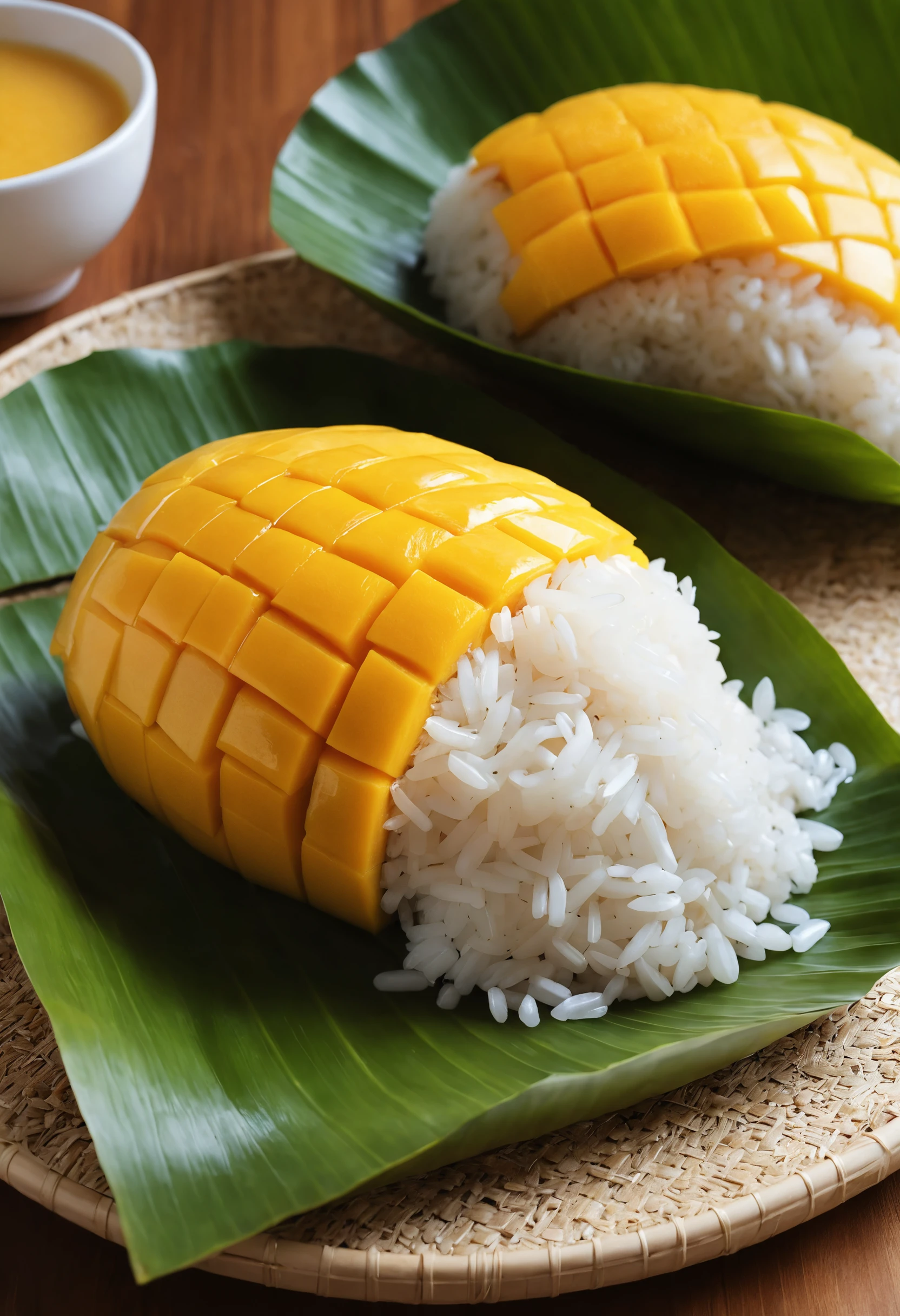 Postre de Mango Sticky Rice con Glaseado de Coco y Rodajas Maduras