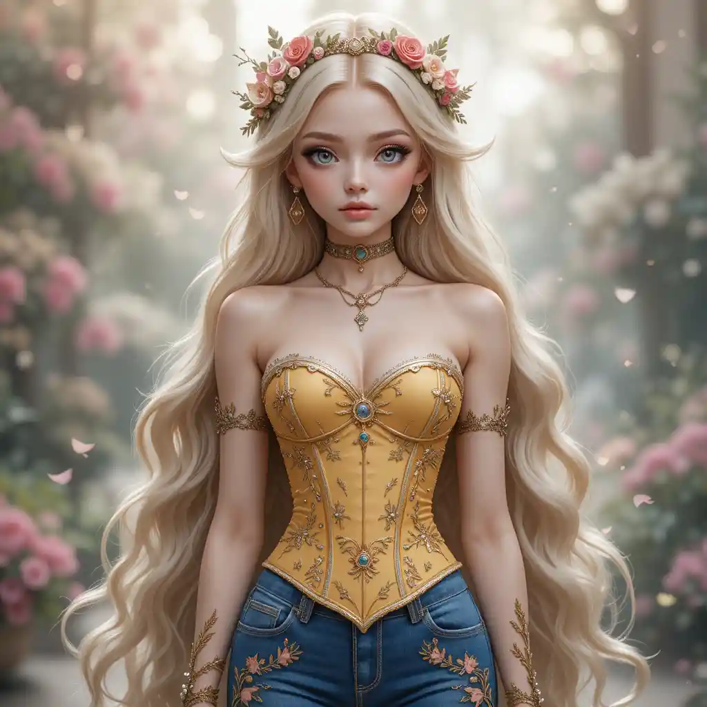 Anime woman with floral crown in jeweled corset and jeans